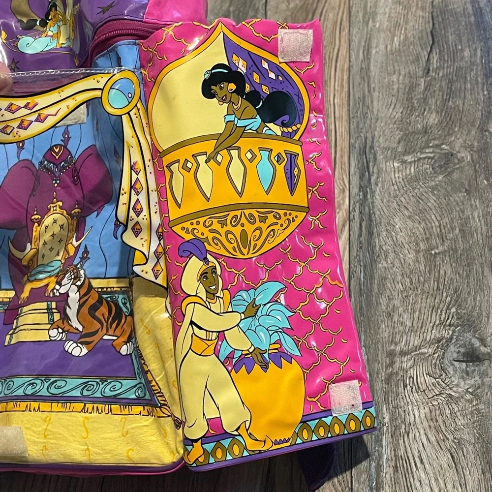 Vintage Disney Aladdin‎ Jasmine Genie Pink Purple Vinyl Backpack 90s Kids Bag